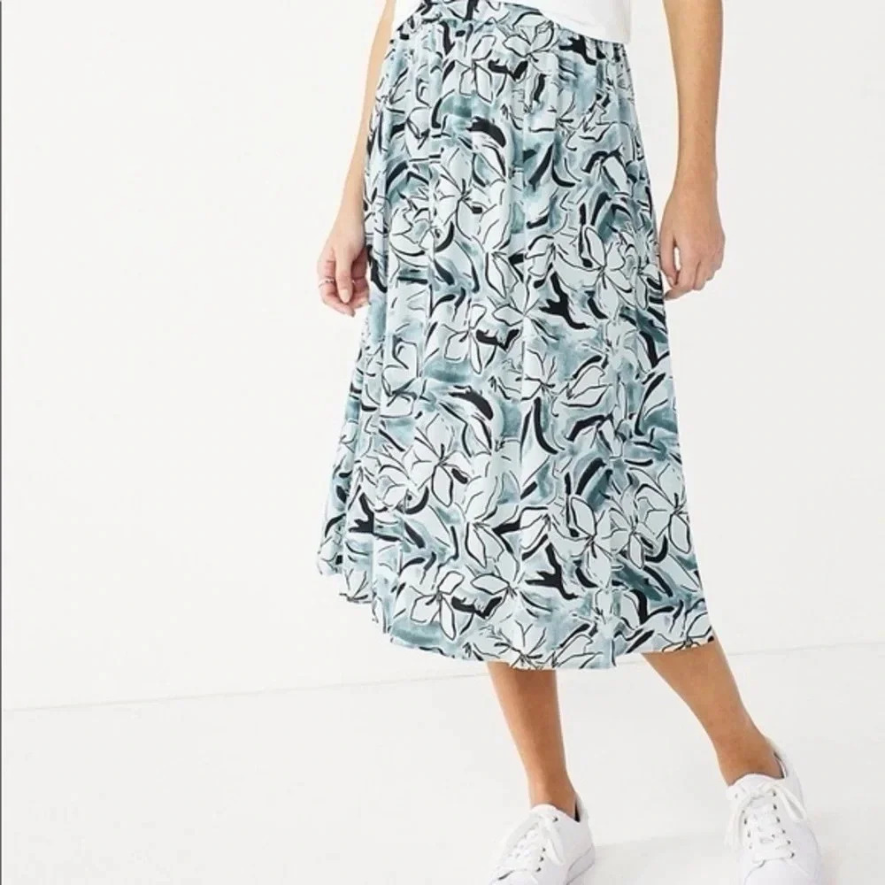 Nine West Teal Grey Tropical Floral Stretchy Waistband A-Line Midi Skirt Size XL
